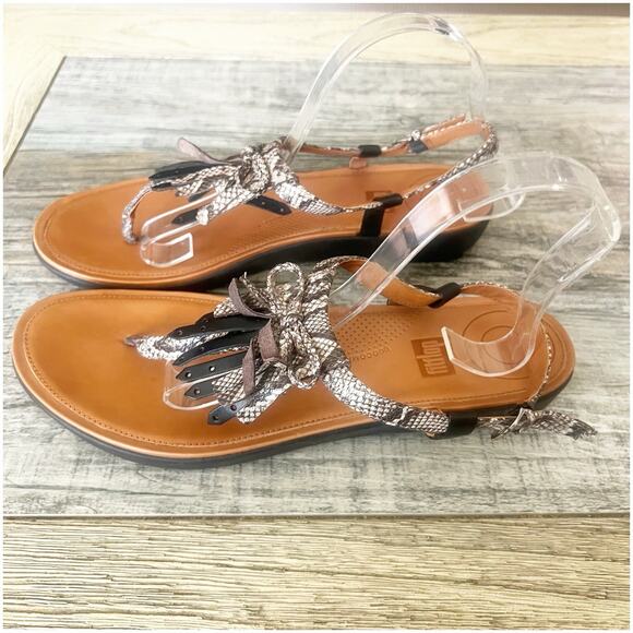 Fit Flop Womens Tia Fringe Leather Thong Sandal Size 11 Snake Slingback Comfort - Picture 3 of 9